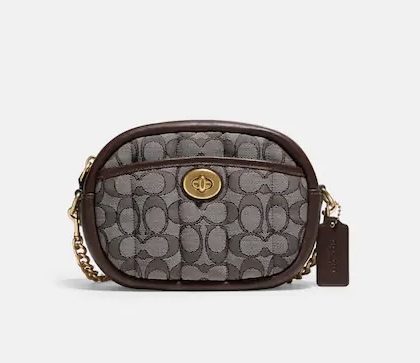 Coach Small Camera Bag In Signature Jacquard With- Quilting Color: Brass/Oak Maple