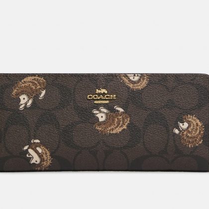 Coach Slim Wallet In Signature Canvas With Hedgehog Print- Color: Gold/Brown Black Multi