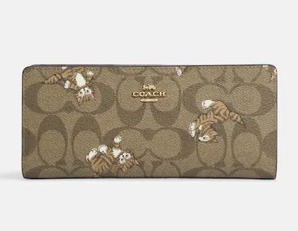 COACH Slim Wallet In Signature Canvas With Dancing Kitten Print-Color — Gold/Khaki Multi