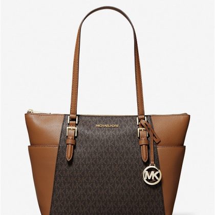 MICHAEL KORS Charlotte Large Logo and Leather Top-Zip Tote Bag-Color: Brown