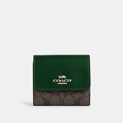 Coach Small Trifold Wallet In Blocked Signature Canvas-Color: Im/Brown/Dark Pine